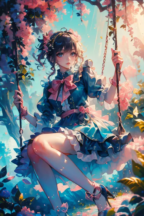 (masterpiece, top quality, best quality, official art, beautiful and aesthetic:1.2),cover art,
sleek,dark,highly detailed,
xuer swing,high gloss,extremely beautiful skin,natural skin texture,(Milky skin:1.2),(shiny skin:1.4),1gir,solo,
pink bows,blue blouse,
<lora:~Q?-ySC xuer swing:0.8>,