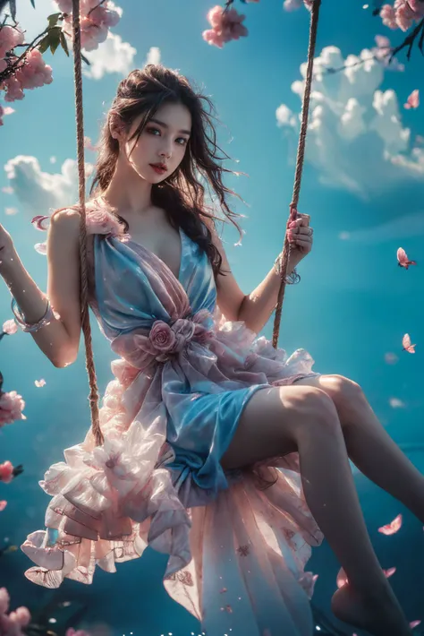(masterpiece, top quality, best quality, official art, beautiful and aesthetic:1.2),cover art,
sleek,dark,highly detailed,Dynamic Angle,Dynamic posture,
xuer swing,high gloss,extremely beautiful skin,natural skin texture,(Milky skin:1.2),(shiny skin:1.4),1gir,solo,Dresses,
(red and black butterflies:1.1),
((only water)),Clear and turquoise sky,((Water as smooth as a mirror)),(petal),There are clouds where water and sky connect,(Colorful clouds),depth of field,beautiful detailed sky,
beautiful detailed cloud,beautiful detailed water,reflection pool,dynamic angle,floating,finely detail,(bloom),(shine),glinting stars,feather,nature,(sunlight),((fairyland)),
<lora:~Q?-ySC xuer swing:0.8>,