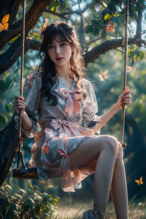 ultra high resolution,((masterpiece))),(((best quality))),((super detailed)),((extremely delicate and beautiful)),cinematic light,detailed environment,(real),(wide shot, wide-angle lens,Panoramic:1.2),super vista,super wide Angle,Low Angle shooting,super wide lens,
(8k, RAW photo, best quality, masterpiece:1.2),(realistic, photo-realistic:1.37),extremely detailed,photography,Amazing,finely detailed,best quality,ultra high res,Dynamic Angle,Dynamic posture,
xuer swing,high gloss,extremely beautiful skin,natural skin texture,(Milky skin:1.2),(shiny skin:1.4),1gir,solo,forest,
pink bows,blue blouse,yellow butterflies,
<lora:~Q?-ySC xuer swing:0.8>,