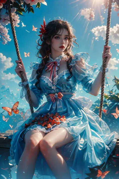 (masterpiece, top quality, best quality, official art, beautiful and aesthetic:1.2),cover art,
sleek,dark,highly detailed,Dynamic Angle,Dynamic posture,
xuer swing,high gloss,extremely beautiful skin,natural skin texture,(Milky skin:1.2),(shiny skin:1.4),1gir,solo,Dresses,
(red butterflies:1.3),
only sky,There are clouds where water and sky connect,(Colorful clouds),depth of field,beautiful detailed sky,beautiful detailed cloud,floating,finely detail,(bloom),(shine),glinting stars,feather,nature,(sunlight),((fairyland)),
<lora:~Q?-ySC xuer swing:0.8>,