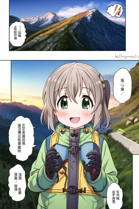 masterpiece, best quality,ultra detail, <lora:anmnr01:0.3>  <lora:add_detail:0.5>,<lora:GoodHands-vanilla:0.8> 2girls,outdoor, mountain road,happy,sunset,comic art,comic ,border,koma,Text bubble,<lora:comic:0.9>,yukimuraaoi ,kurauehinata,girl focus,upper body,mountain equipment
