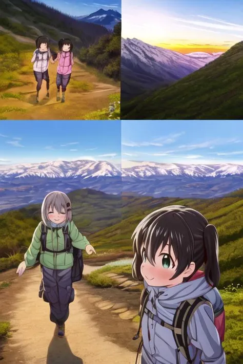 masterpiece, best quality,ultra detail, <lora:anmnr01:0.3> <lora:add_detail:0.5>,<lora:GoodHands-vanilla:0.8> 2girls,outdoor, mountain road,happy,sunset,comic art,comic <lora:comic:0.8>,yukimuraaoi ,kurauehinata,girl focus,upper body,mountain equipment