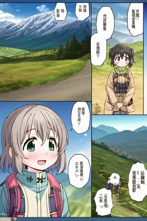 masterpiece, best quality,ultra detail, <lora:anmnr01:0.3> <lora:add_detail:0.5>,<lora:GoodHands-vanilla:0.8> 2girls,outdoor, mountain road,happy,sunset,comic art,comic ,border,koma,Text bubble,<lora:comic:0.9>,yukimuraaoi ,kurauehinata,girl focus,upper body,mountain equipment
