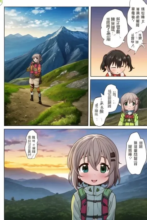 masterpiece, best quality,ultra detail, <lora:anmnr01:0.3>  <lora:add_detail:0.5>,<lora:GoodHands-vanilla:0.8> 2girls,outdoor, mountain road,happy,sunset,comic art,comic ,border,koma,Text bubble,<lora:comic:0.9>,yukimuraaoi ,kurauehinata,girl focus,upper body,mountain equipment