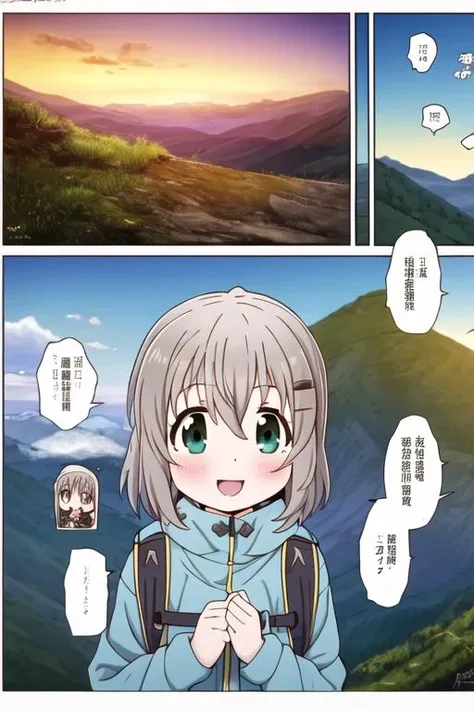 masterpiece, best quality,ultra detail, <lora:anmnr01:0.3>  <lora:add_detail:0.5>,<lora:GoodHands-vanilla:0.8> 2girls,outdoor, mountain road,happy,sunset,comic art,comic ,border,koma,Text bubble,<lora:comic:0.9>,yukimuraaoi ,kurauehinata,girl focus,upper body,mountain equipment