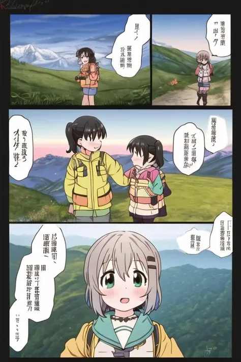 masterpiece, best quality,ultra detail, <lora:anmnr01:0.3> <lora:add_detail:0.5>,<lora:GoodHands-vanilla:0.8> 2girls,outdoor, mountain road,happy,sunset,comic art,comic ,border,koma,Text bubble,<lora:comic:0.9>,yukimuraaoi ,kurauehinata,girl focus,upper body,mountain equipment
