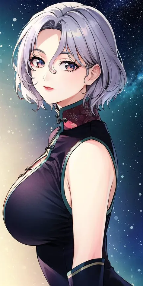 <lora:SallySaintFordV2:0.7> sallysaintford, huge_breasts, standing, solo, china_dress, starry_sky,, masterpiece, best_quality, detailed_face, detailed_eyes, highres, beautiful, detailed,