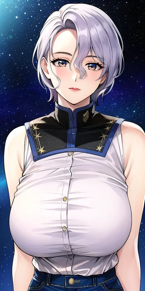 <lora:SallySaintFordV2:0.7> sallysaintford, huge_breasts, standing, solo, denim_shorts, starry_sky,, masterpiece, best_quality, detailed_face, detailed_eyes, highres, beautiful, detailed,