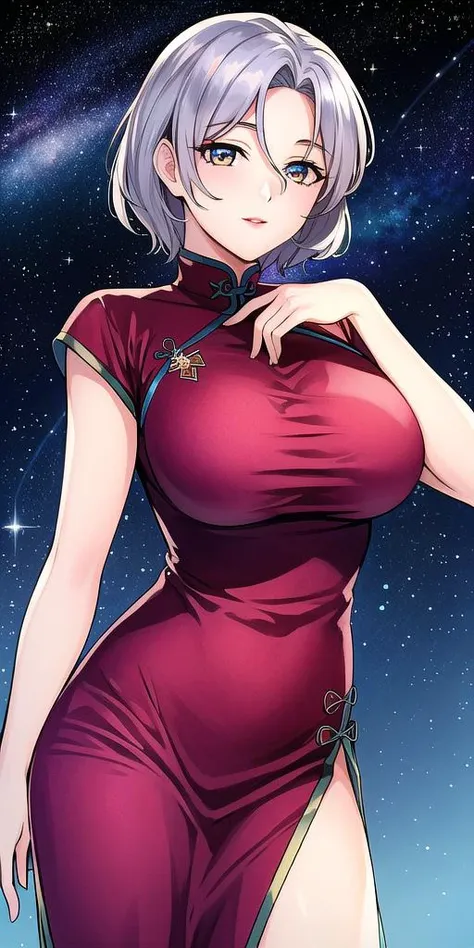 <lora:SallySaintFordV2:0.7> sallysaintford, huge_breasts, standing, solo, china_dress, starry_sky,, masterpiece, best_quality, detailed_face, detailed_eyes, highres, beautiful, detailed,