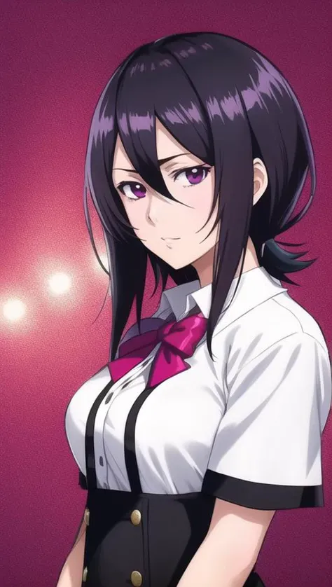 (best quality), 1girl, solo, Rukia, Bleach anime, portrait, school uniform, sharp focus, short hair, soft lighting, hdr, colorful, good composition, extremely detailed, illustration, depth of field, (bloom:0.9), (lens flare:0.7), intricate, artstation, simple background, white background, art by Tite kibo