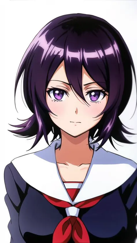 (best quality), 1girl, solo, Rukia, Bleach anime, portrait, school uniform, sharp focus, short hair, soft lighting, hdr, colorful, good composition, extremely detailed, illustration, depth of field, (bloom:0.9), (lens flare:0.7), intricate, artstation, simple background, white background, manga style, art by Tite kibo