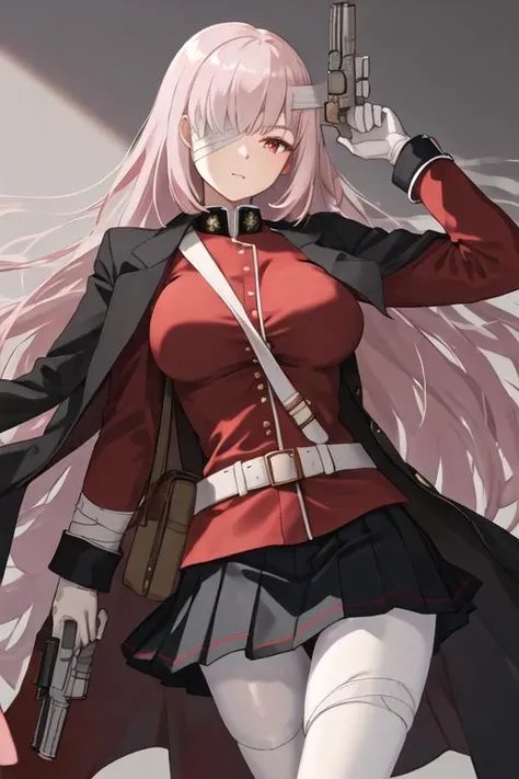 best quality, masterpiece, highres, solo, {florence_nightingale_fgo:1.15}, long_hair, pink_hair, red_eyes, breasts, military, large_breasts, bangs, braid, bandage_over_one_eye, 1girl, belt, black_coat, black_skirt, coat, coat_on_shoulders, gloves, jacket, looking_at_viewer, military_uniform, red_jacket, skirt, uniform, white_gloves, gun, bandages, pantyhose, pleated_skirt, white_pantyhose, handgun, weapon