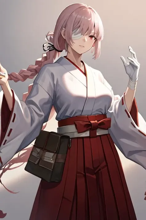 best quality, masterpiece, highres, solo, {white kimono:1.35}, {red hakama:1.35}, {wide sleeves:1.20}, {florence_nightingale_fgo:1.15}, long_hair, pink_hair, red_eyes, breasts, military, large_breasts, bangs, braid, bandage_over_one_eye