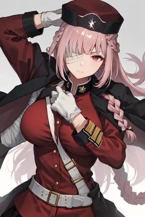 best quality, masterpiece, highres, solo, {florence_nightingale_fgo:1.15}, long_hair, pink_hair, red_eyes, breasts, military, large_breasts, bangs, braid, bandage_over_one_eye, 1girl, coat, jacket, military_uniform, red_jacket, uniform, coat_on_shoulders, black_coat, gloves, white_gloves, upper_body, looking_at_viewer, bandages, long_sleeves, closed_mouth, belt