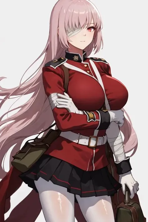 best quality, masterpiece, highres, solo, {florence_nightingale_fgo:1.15}, long_hair, pink_hair, red_eyes, breasts, military, large_breasts, bangs, braid, bandage_over_one_eye, 1girl, gloves, military_uniform, skirt, uniform, white_gloves, belt, pantyhose, white_pantyhose