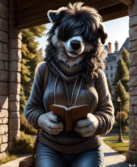 (Highest quality, incredible details, 8k, 4k, uhd:1.3, concept art, character design, subsurface scattering), realistic, by blotch, by foxovh, BREAK female, sheepdog_anthro, looking down at viewer, college, BREAK <lora:Sheepdog_Anthro-10:0.8>, covered eyes, bangs convering eyes, BREAK jeans, sweater, thick thighs, studying, reading