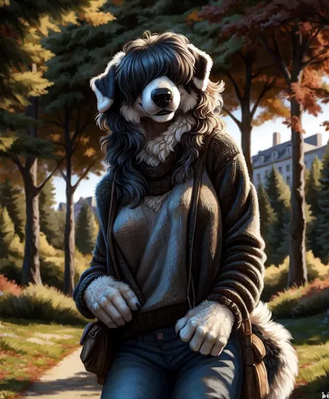 (Highest quality, incredible details, 8k, 4k, uhd:1.3, concept art, character design, subsurface scattering), realistic, by blotch, by foxovh, BREAK female, sheepdog_anthro, looking down at viewer, college, BREAK <lora:Sheepdog_Anthro-10:0.8>, covered eyes, bangs convering eyes, BREAK jeans, sweater, rolled up sleeves, biceps, thick thighs,