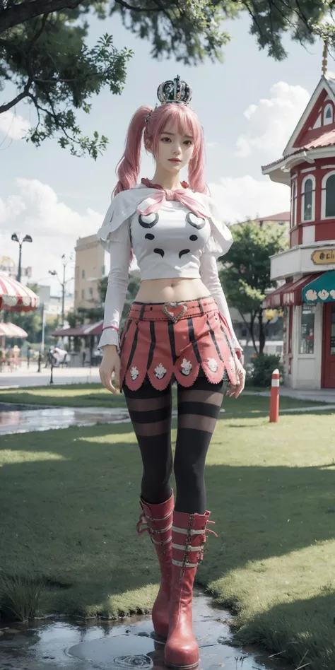 best quality,masterpiece,8k wallpaper,absurdres, highres, ultra detailed, (1 young beautiful girl, solo:1.1),midriff ,pantyhose,pink hair, white shirt,striped, crop top, striped pantyhose, twintails, long hair, crown, navel, breasts, boots, black eyes, skirt,large breasts,drill hair, cleavage, full body,amusement park,architecture, outdoors, rainy day, dove, grass, cloud, branch,<lora:Perona佩ç½å¨_NOFACE:1>
BREAK