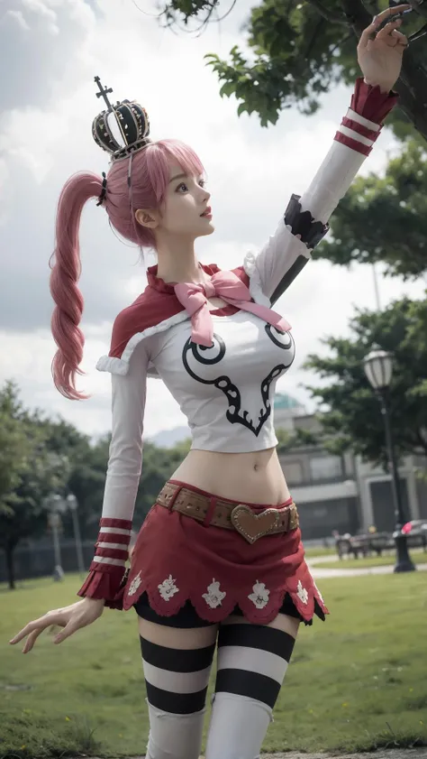 best quality,masterpiece,8k wallpaper,absurdres, highres, ultra detailed, (1 young beautiful girl, solo:1.1),midriff ,pantyhose,pink hair, white shirt,striped, crop top, striped pantyhose, twintails, long hair, crown, navel, breasts, boots, black eyes, skirt,large breasts,drill hair, cleavage, full body,amusement park,architecture, outdoors, rainy day, dove, grass, cloud, branch,<lora:Peronaä½©ç½å¨_NOFACE:1>
BREAK