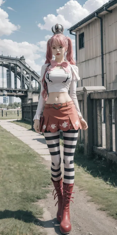 best quality,masterpiece,8k wallpaper,absurdres, highres, ultra detailed, (1 young beautiful girl, solo:1.1),midriff ,pantyhose,pink hair, white shirt,striped, crop top, striped pantyhose, twintails, long hair, crown, navel, breasts, boots, black eyes, skirt,large breasts,drill hair, cleavage, full body,architecture, outdoors, sky, dove, grass, cloud, branch, bridge,<lora:Perona佩ç½å¨_NOFACE:1>
BREAK