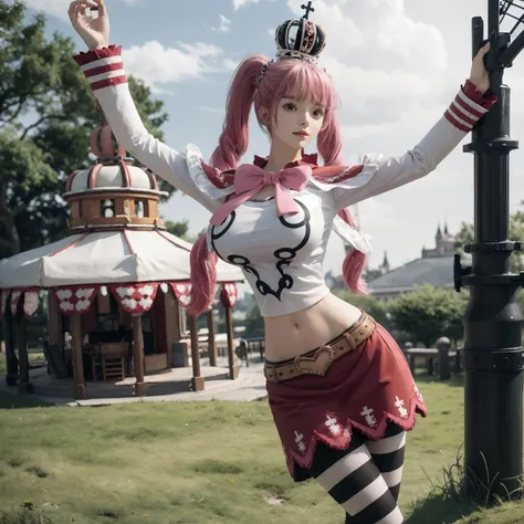 best quality,masterpiece,8k wallpaper,absurdres, highres, ultra detailed, (1 young beautiful girl, solo:1.1),midriff ,pantyhose,pink hair, white shirt,striped, crop top, striped pantyhose, twintails, long hair, crown, navel, breasts, boots, black eyes, skirt,large breasts,drill hair, cleavage, full body,amusement park,architecture, outdoors, rainy day, dove, grass, cloud, branch,<lora:Perona佩ç½å¨_NOFACE:1>
BREAK