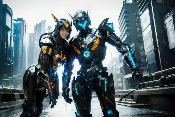 Sexy cyberpunk female knight and handsome cyberpunk male warrior，Costume de mecha，Sophisticated white tech helmet，Nousr， Biomechanicals， MSHN Robot Woman，High-tech helmet，hyper realisitc， Steel， Complex design， insanely details， finely detailled， Extremely clear lines， cinmatic lighting， photograph realistic， A detailed masterpiece