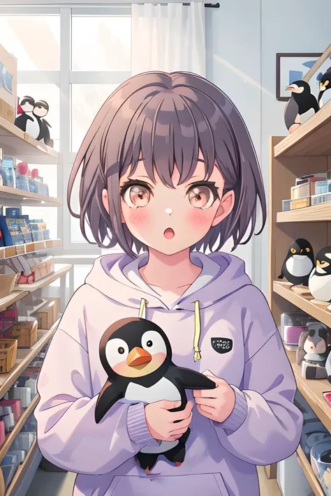 (A girl holding a penguin doll), best quality, masterpiece, highres, short_hair, blush, upper_body, brown_eyes, grey_hair, 1girl, purple_hair,  toy store, hoodie, Muppets, doll, looking at viewer, penguin <lora:TakamatsuTomori:0.8>, :O