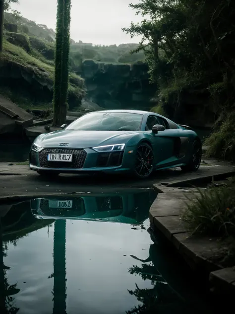 audir84ssports car, ((island sanctuary)), ((ancient fallen kingdom)), ((reflections in water)), ((raytracing)), ((drowned city)), <lora:AUDIR84S_LORA:0.7>, slate atmosphere, cinematic, dimmed colors, dark shot, muted colors, film grainy, lut, spooky
