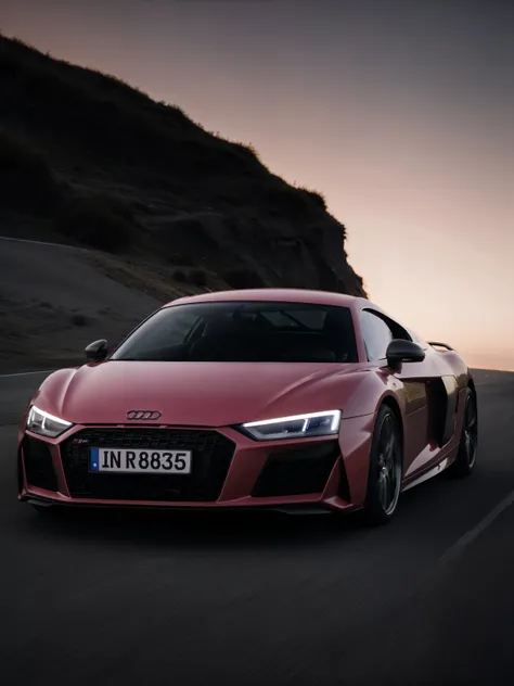 audir84ssports car, race, road, speed, action, moving,  vehicle focus, professional photo , seaside, sun, pink sky, aesthetic,  science fiction, sci-fi scenario,natural light, highly detailed, (highly detailed background),  detailed textures, wide angle, 8k, HDR, professional photoshoot, high quality photo, realistic photo, realistic shadows, detailed shadows, realistic proportions,film grain, raw photo, (raytracing),  <lora:AUDIR84S_LORA:0.7>, slate atmosphere, cinematic, dimmed colors, dark shot, muted colors, film grainy, lut, spooky