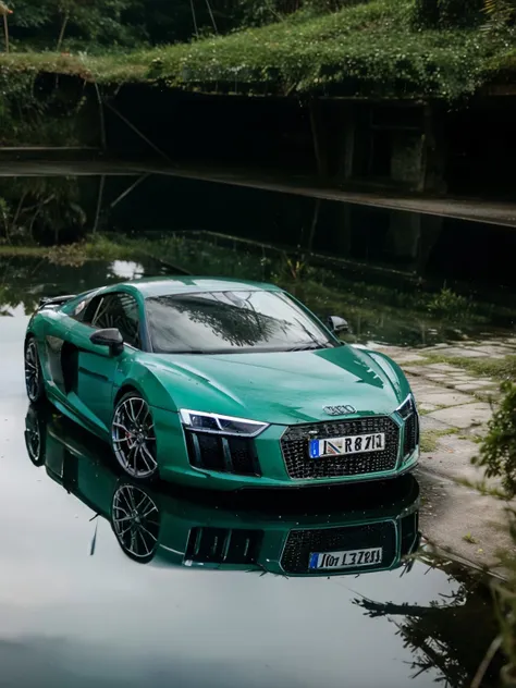 audir84ssports car, ((island sanctuary)), ((ancient fallen kingdom)), ((reflections in water)), ((raytracing)), ((drowned city)), <lora:AUDIR84S_LORA:0.7>