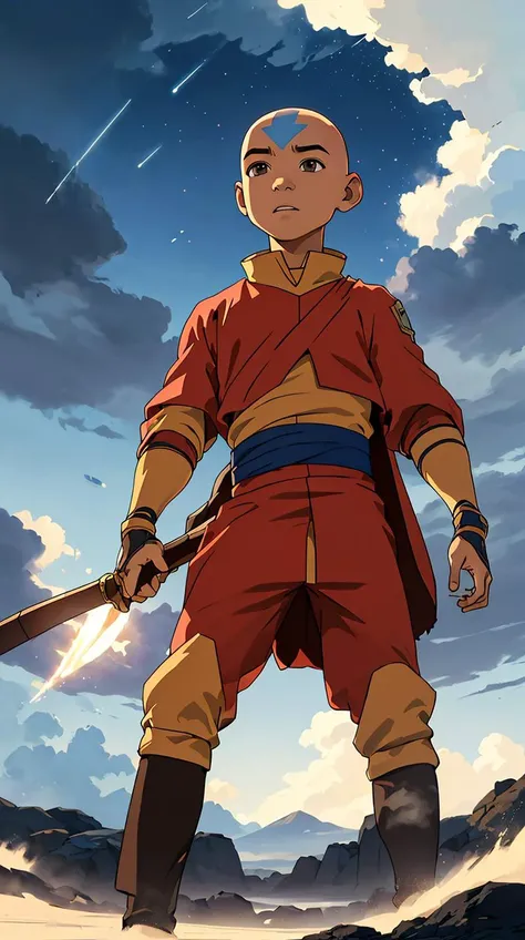 (best quality, masterpiece, colorful,highest detailed)(aang_avatar),<lora:aang_avatar:0.7>,solo,child,aang_avatar,male,bald,dynamic,sky,volumetric,cloud background,(high contrast, extreme detailed, highest detailed),