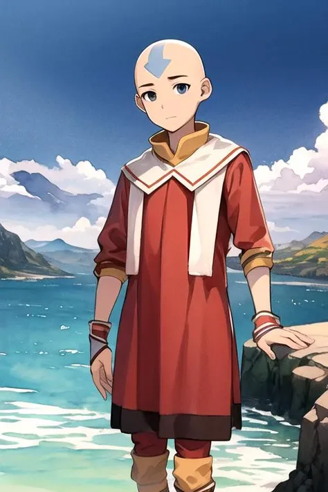 masterpiece, best quality, game cg, 1boy, solo, male focus, looking at viewer, , depth of field, (watercolor illustration, soft pastel colors:1.1), , <lora:aang_avatar:0.74>, aang_avatar, bald, black eyes, graduation costume, The Valley of the Damned,