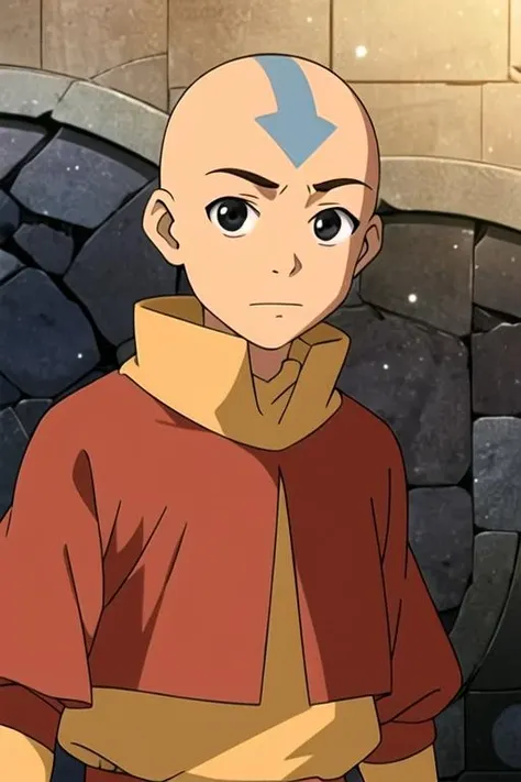 masterpiece, best quality, wallpaper, 1boy, solo, male focus, looking at viewer, , depth of field, ligne claire, realistic, <lora:aang_avatar:0.70>, aang_avatar, bald, black eyes, , The Isle of Doom, 12k resolution