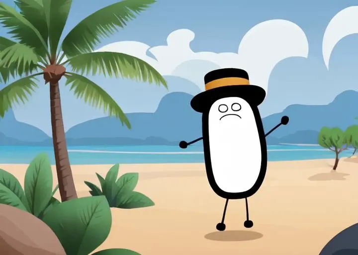 dswants, pill shape, wearing hawaiian shirt, sad face, cartoon character, stick and dot arms, wearing a hat, tropical paradise <lora:Dogshitter_Wants:0.8>
