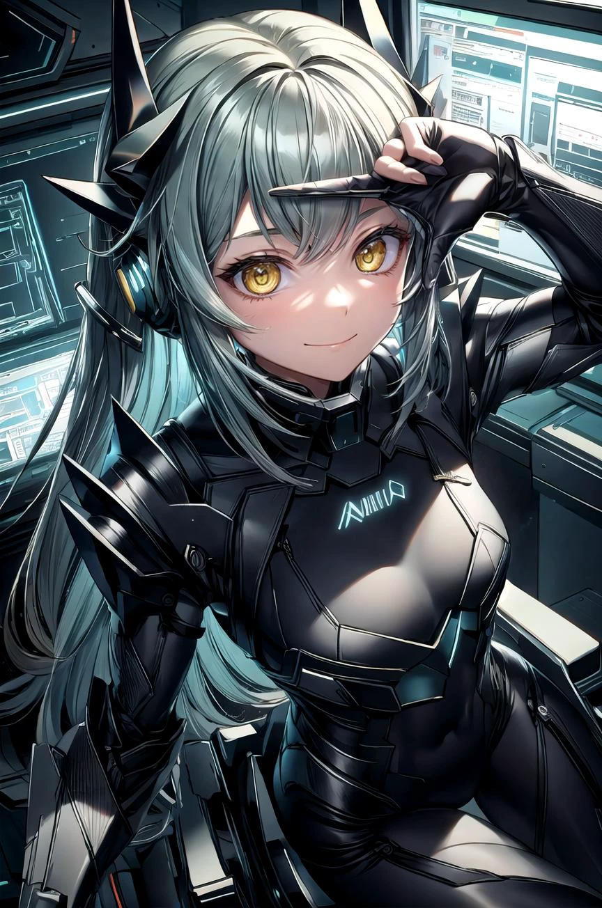 (masterpiece, best quality, detailed), 1girl, solo, aakiyo, long hair, green hair, white horns, hair ornament, yellow eyes, looking at viewer,
<lora:StealthTech:1>, stealthtech, cutting edge, scifi, bodysuit, shoulder armor, interface headset, sleek angular, indoors, office, desk, office chair, <lora:finger_frame_final:1>, finger frame, smirk, smile, closed mouth