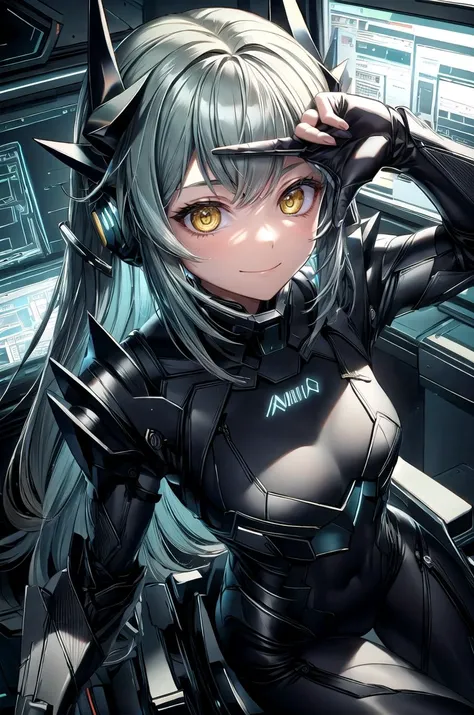 (masterpiece, best quality, detailed), 1girl, solo, aakiyo, long hair, green hair, white horns, hair ornament, yellow eyes, looking at viewer, 
<lora:StealthTech:1>, stealthtech, cutting edge, scifi, bodysuit, shoulder armor, interface headset, sleek angular, indoors, office, desk, office chair, <lora:finger_frame_final:1>, finger frame, smirk, smile, closed mouth