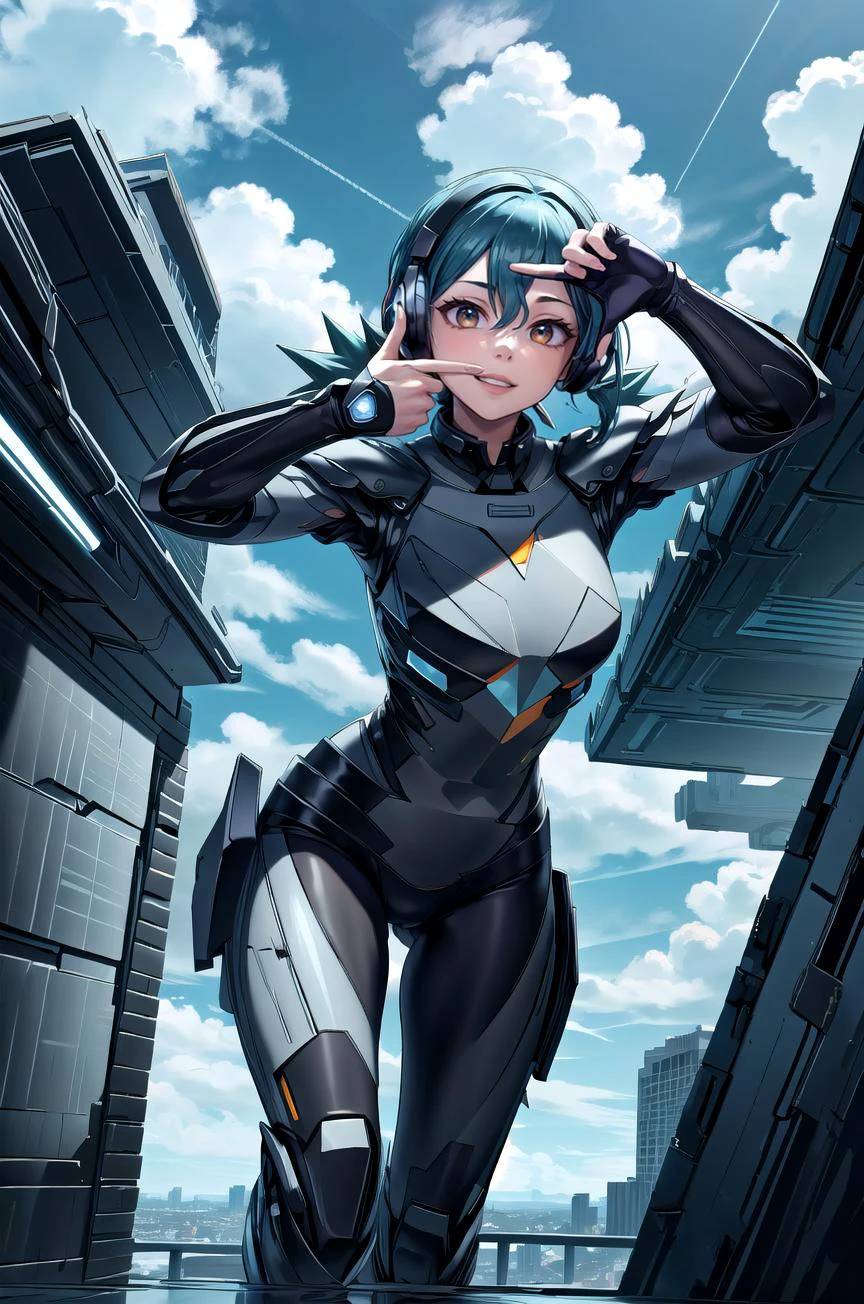 (masterpiece, best quality, detailed), 1girl, solo, pkmnJenny, looking at viewer,
<lora:StealthTech:1>, stealthtech, cutting edge, scifi, bodysuit, shoulder armor, interface headset, sleek angular, outdoors, rooftop, day, cityscape, blue sky, cloud, scenery, railing, <lora:finger_frame_final:1>, finger frame, parted lips, smile