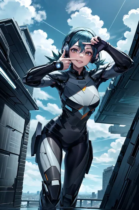 (masterpiece, best quality, detailed), 1girl, solo, pkmnJenny, looking at viewer, 
<lora:StealthTech:1>, stealthtech, cutting edge, scifi, bodysuit, shoulder armor, interface headset, sleek angular, outdoors, rooftop, day, cityscape, blue sky, cloud, scenery, railing, <lora:finger_frame_final:1>, finger frame, parted lips, smile