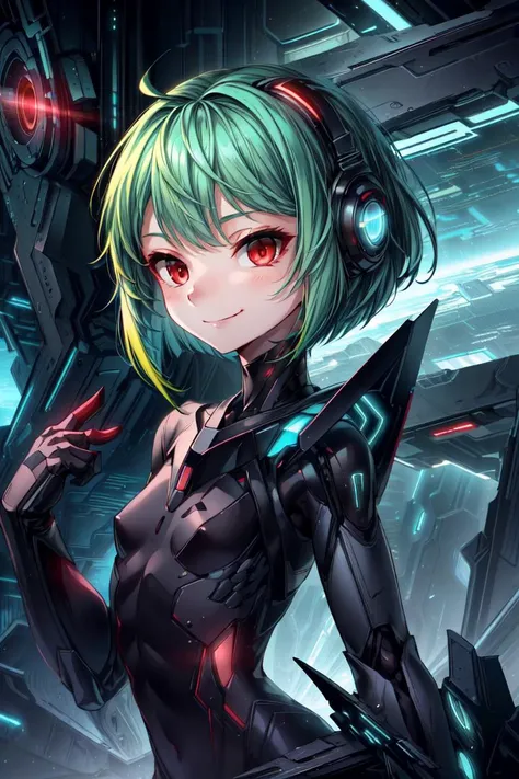 closeup, small breasts, seductive smile, best quality,
bob cut, red eyes, green hair,multicolored hair, aqua hair,
1girl, standing in a scifi city, perfect face ,
<lora:StealthTech-20:0.8> stealthtech , cutting edge, sleek angular , scifi,