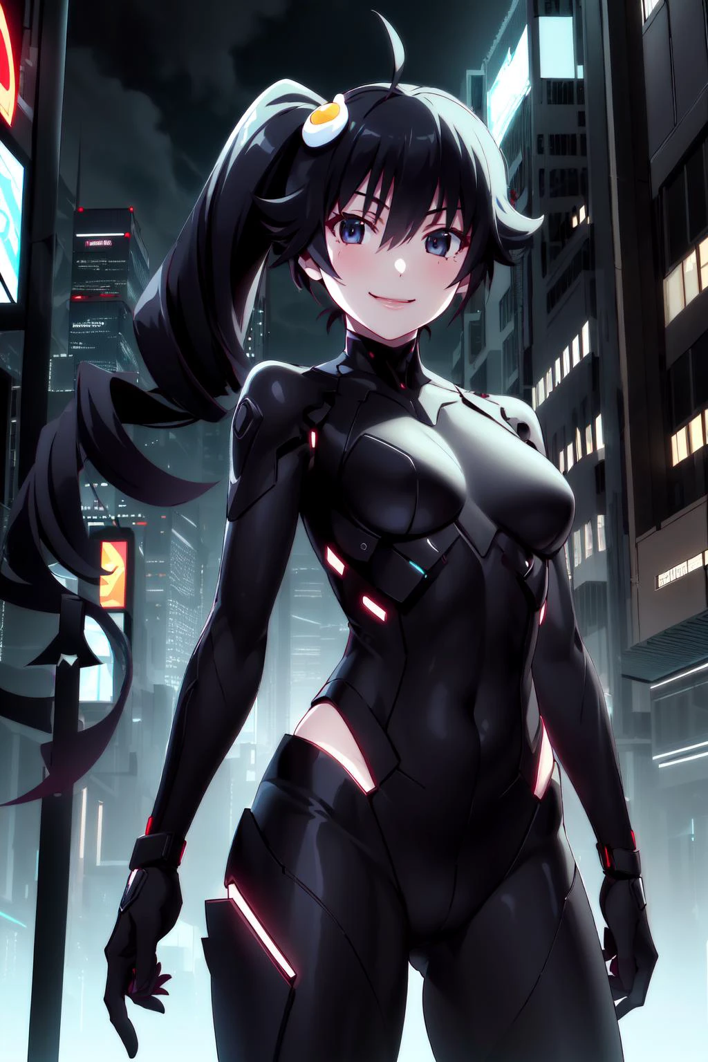 1girl, solo, araragikaren,long hair, side ponytail, smile, ahoge, egg hair ornament,
cowboy shot, arms on hips,
night, futuristic city, street lights,
<lora:araragi-karen-v1:0.8> <lora:StealthTech-20:0.8> stealthtech , cutting edge, sleek angular , scifi,