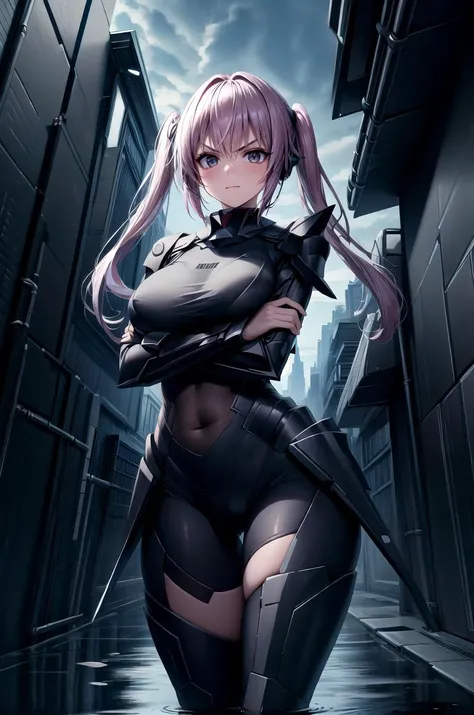 (masterpiece, best quality, detailed), 1girl, solo, aanana, long hair, twintails, looking at viewer,
<lora:StealthTech:1>, stealthtech, cutting edge, scifi, bodysuit, shoulder armor, interface headset, sleek angular, <lora:alley:1>, alleyway, industrial pipe, building, urban, power lines, cloudy sky, sign, dark, night, puddle, crossed arms, breast hold, arms under breasts, serious, v-shaped eyebrows