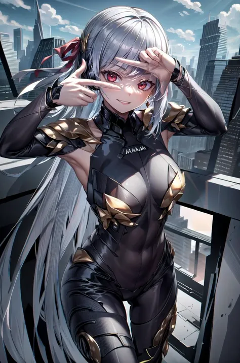 (masterpiece, best quality, detailed), 1girl, solo, bbkama, long hair, hair ribbon, hair ornament, red eyes, earrings, looking at viewer,
<lora:StealthTech:1>, stealthtech, cutting edge, scifi, bodysuit, shoulder armor, interface headset, sleek angular, outdoors, rooftop, day, cityscape, blue sky, cloud, scenery, railing, <lora:finger_frame_final:1>, finger frame, evil smile, parted lips