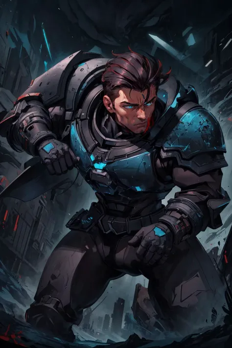 maximum details, cinematic, (abstract art:1.1), dark theme, <lora:add_detail:0.5>, <lora:epi_noiseoffset2:0.5>,
(1man, masculine adult male:1.2), turquoise eyes, medium brown hair, side part,
portrait, solo, half shot, looking away, detailed background, detailed face, (<lora:StealthTech:0.6>, cutting edge, sleek angular, stealthtech theme:1.1), warhammer 40k space marine, face, wearing light blue thick power-armor, heavy shoulder-plates, melter weapon, tactical belt, cloak, genetically enhanced, emotionless face, combat stance, chaplain, crusade badges, squad markings, rank insignias, veteran, floating particles, forge world in background, intense atmosphere,
<lora:PsyAI_128:0.4>, PsyAI,