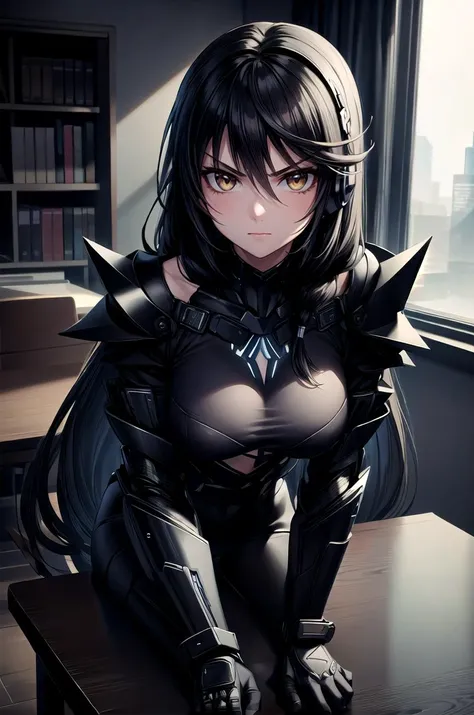 (masterpiece, best quality, detailed), 1girl, solo, looking at viewer, <lora:velvet_crowe-10:0.8>, velvet_crowe, long hair, very long hair, medium breasts, choker, bandages, black choker, hair between eyes, bandaged arm, braid,
<lora:StealthTech:1>, stealthtech, cutting edge, scifi, bodysuit, shoulder armor, interface headset, sleek angular, indoors, office, desk, office chair, pov across table, elbows on table, elbow rest, closed mouth, glaring, v-shaped eyebrows