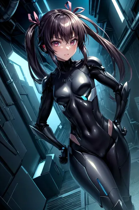 (masterpiece, best quality, detailed), 1girl, solo, looking at viewer, mizuki yukikaze, hair ribbon,
<lora:StealthTech:1>, stealthtech, cutting edge, scifi, bodysuit, shoulder armor, interface headset, sleek angular, <lora:alley:1>, alleyway, industrial pipe, building, urban, power lines, cloudy sky, sign, dark, night, dutch angle, hands on hips, parted lips