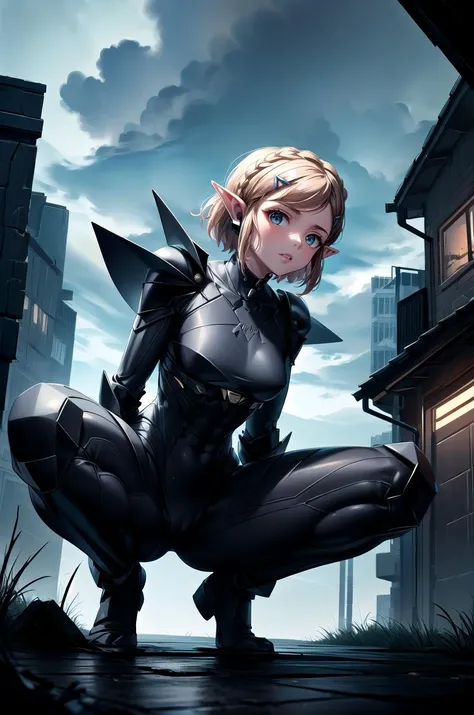 (masterpiece, best quality, detailed), 1girl, solo, aazelda, short hair, crown braid, hairclip, pointy ears, looking at viewer,
<lora:StealthTech:1>, stealthtech, cutting edge, scifi, bodysuit, shoulder armor, interface headset, sleek angular, outdoors, alley, industrial pipe, building, urban, power lines, cloudy sky, sign, dark, night, trash can, squatting, from below, spread legs, serious, parted lips