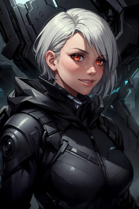 <lora:add_detail:0.4> <lora:StealthTech:0.8> (masterpiece, best quality, realistic, detailed, crisp:1.2), intricate details, stealthtech, obsidian, (portrait), (cute girl), wearing futuristic black charcoal jacket, smiling, glistening glowing eyes, white hair, short hair, backlight, heavy shadows,