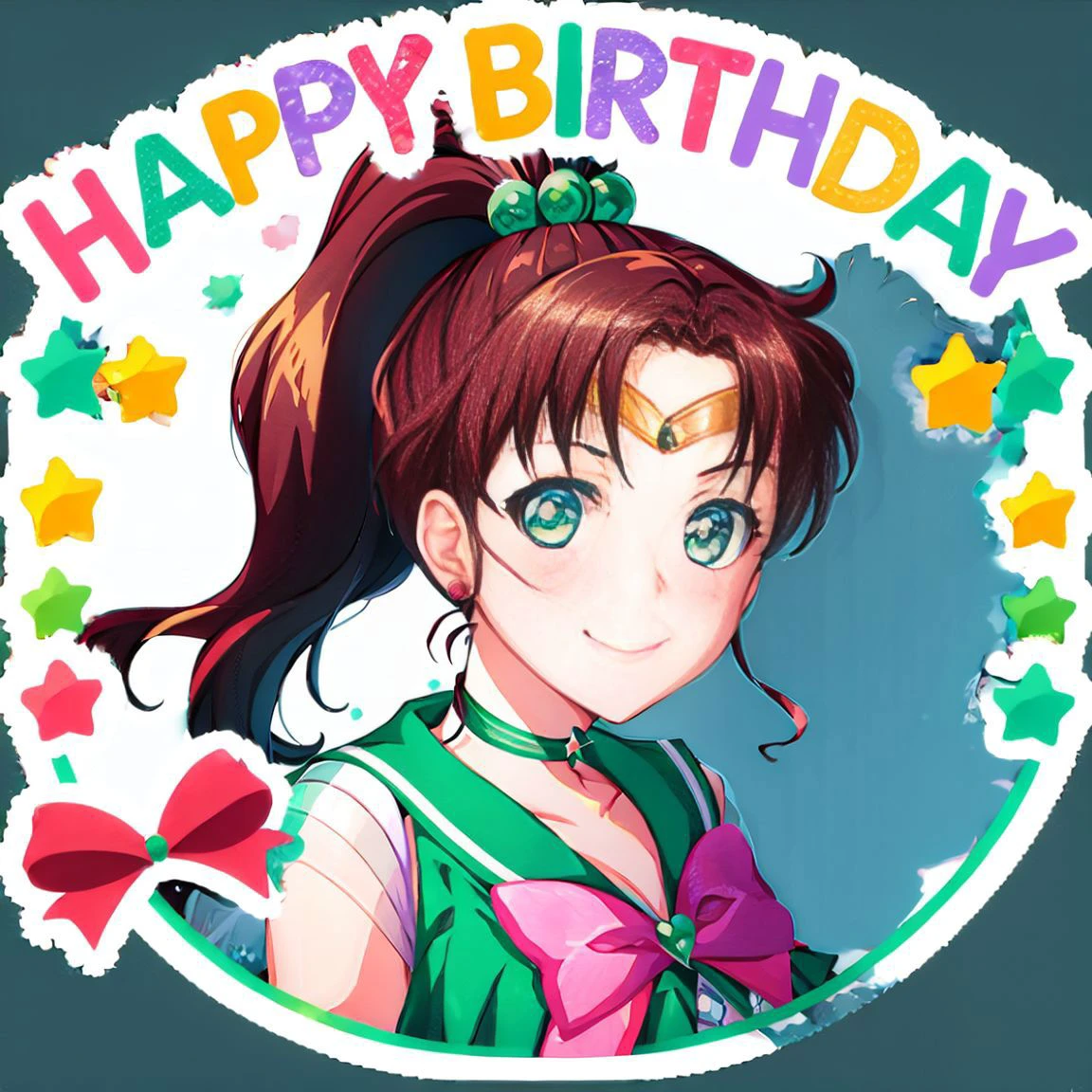 happy birthday,1girl, smile, happy,<lora:happy-birthday-000016:0.7> ,portrait, <lora:sailor_jupiter_v1:1>, hmjupiter, green eyes, ponytail, tiara, jewelry, sailor senshi uniform, green sailor collar, choker, elbow gloves, white gloves, pink bow, brooch, white leotard, green skirt, pleated skirt