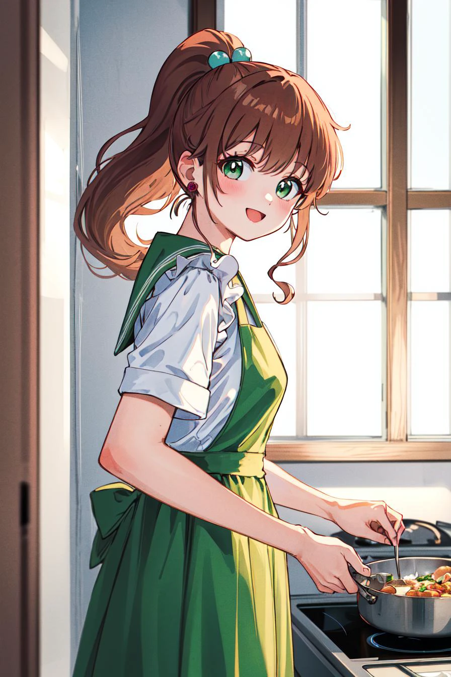 masterpiece, best quality, highres, hmjupiter, green eyes, ponytail, jewelry, sailor school uniform, green sailor collar, green skirt, <lora:sailor_jupiter_v2:0.7>, upper body, 1990s \(style\), indoors, apron, cooking, happy, (white apron:1.2), from side, looking at viewer, face focus,