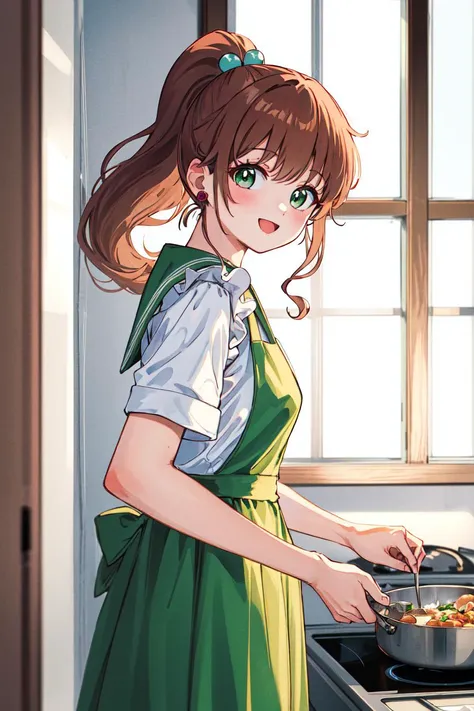 masterpiece, best quality, highres, hmjupiter, green eyes, ponytail,  jewelry, sailor school uniform, green sailor collar, green skirt, <lora:sailor_jupiter_v2:0.7>, upper body, 1990s \(style\),  indoors, apron, cooking, happy, (white apron:1.2), from side, looking at viewer, face focus,